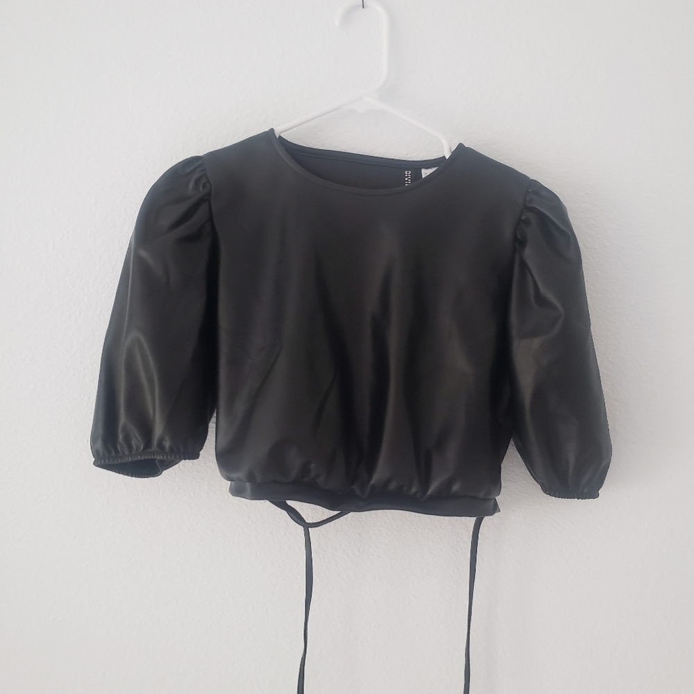 Black pleather, puffed sleeve Bridgerton crop top